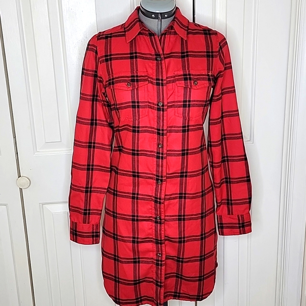 Basin + Range Checked Shirt Dress with Elbow Patches Size Small Red and Black